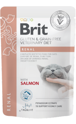 Alimento húmido Veterinário para Gatos Brit Gluten & Grain-Free Veterinary Diet Cat Renal Salmon in Gravy | Wet (Saqueta) | 12 x 85 g
