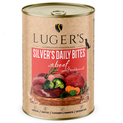 Luger's Silver's Daily Bites - Alimento húmido para cão sénior - Vaca, cenoura e brócolos 400g