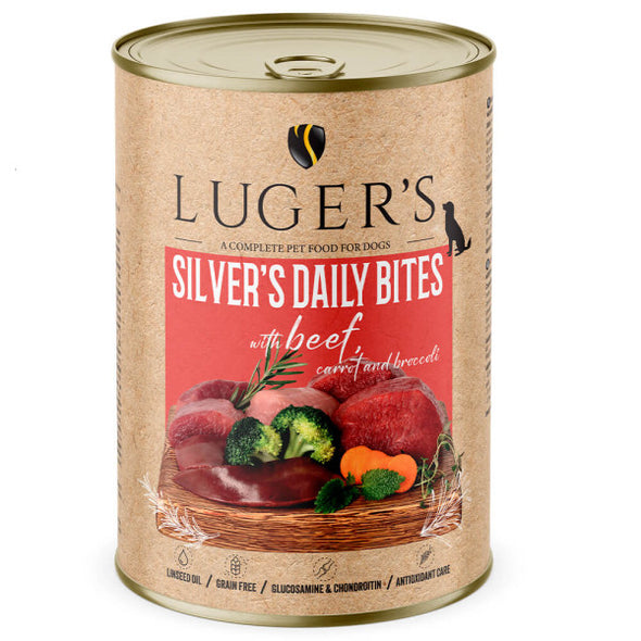 Luger's Silver's Daily Bites - Alimento húmido para cão sénior - Vaca, cenoura e brócolos 400g