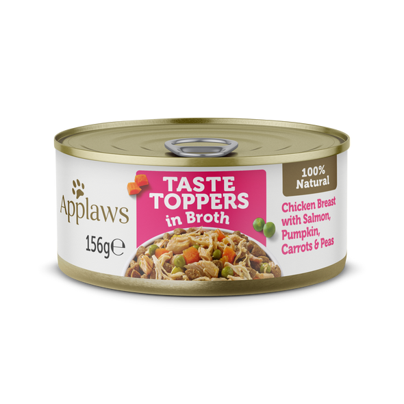 Taste Toppers Broth Chicken Breast with Salmon, Pumpkin, Carrots & Peas in Broth Tin 156g