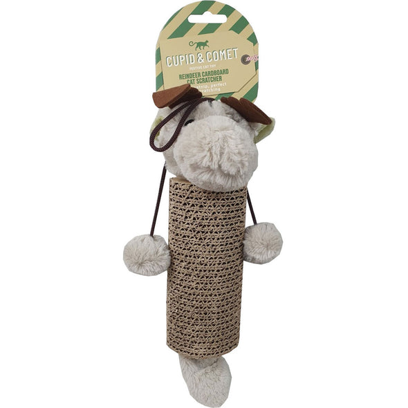 Cardboard Reindeer Cat Scratcher with plush head, pom poms and tail